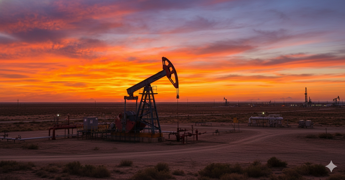 Pozo petrolero de noche con monitoreo